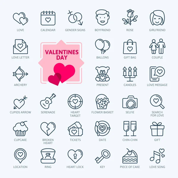 Día San Valentín Elementos Románticos Conjunto Iconos Web Línea Delgada — Vector de stock