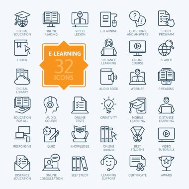 E-eğitim, online eğitim elemanları - en az satır web Icon set ince. Anahat simgeleri koleksiyonu. Basit vektör çizim.