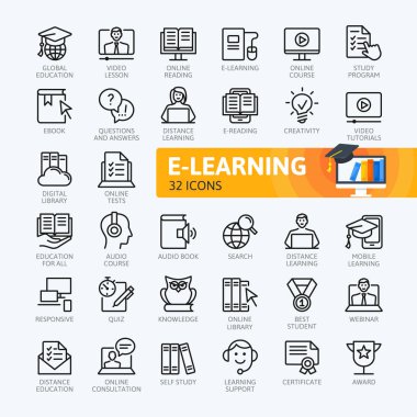 E-eğitim, online eğitim elemanları - en az satır web Icon set ince. Anahat simgeleri koleksiyonu. Basit vektör çizim.