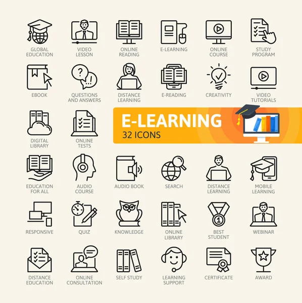 Elementy Learningu Online Edukacji Minimalne Cienkich Linii Web Zestaw Ikon — Wektor stockowy