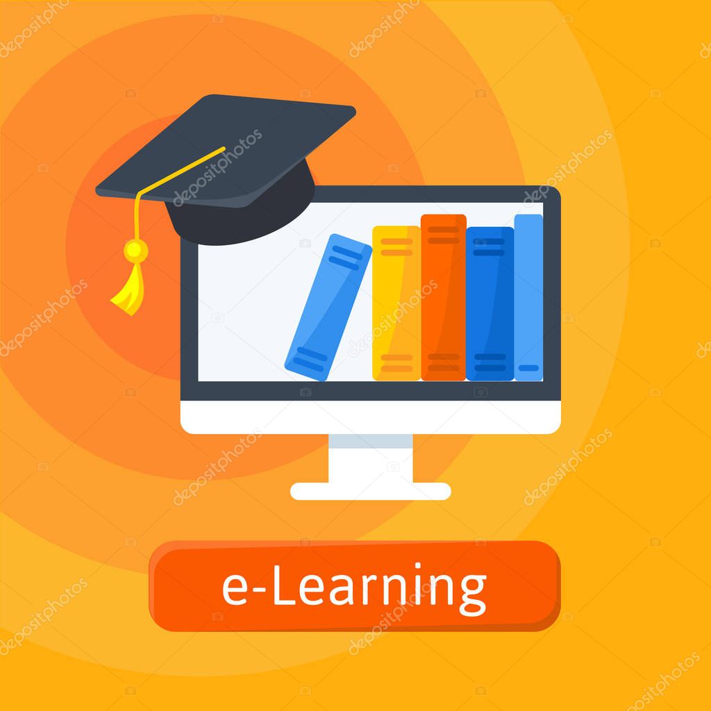 E-learning, online education logo template. Digital library in monitor emblem and graduation hat. Simple vector illustration.