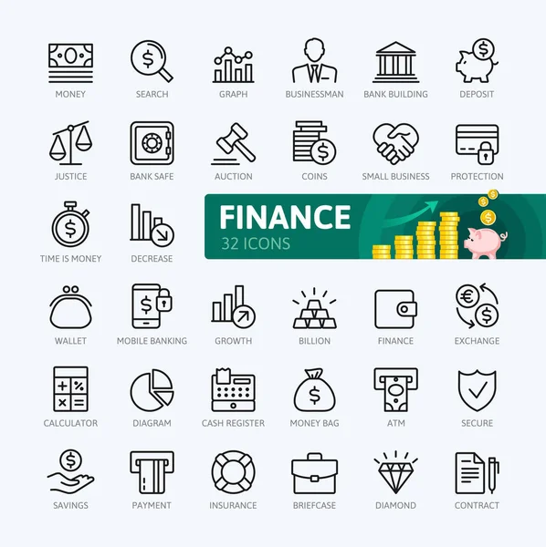 Soldi Finanza Elementi Pagamento Set Icone Web Linea Sottile Minima — Vettoriale Stock