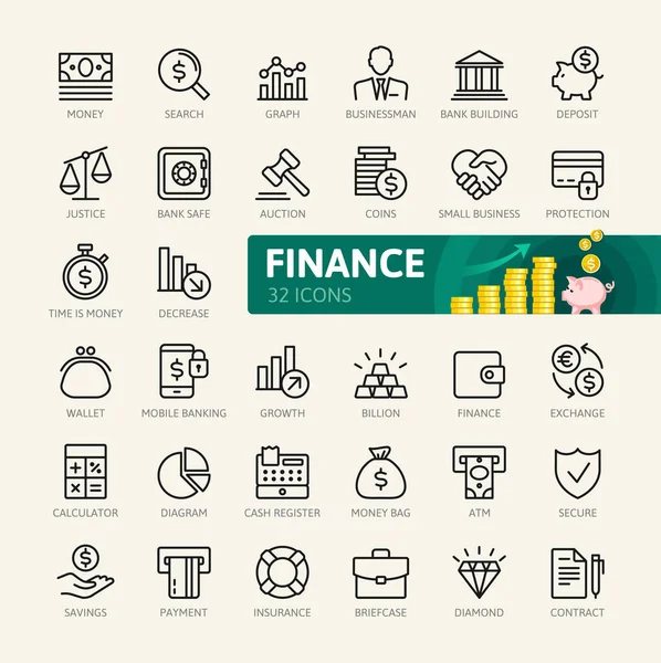 Dinero Finanzas Elementos Pago Conjunto Iconos Web Línea Delgada Mínima — Vector de stock