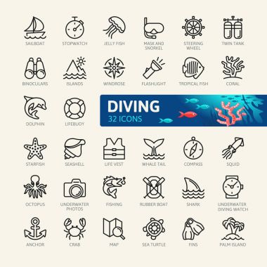 Tüplü dalış ve şnorkel öğeleri - en az satır web Icon set ince. Anahat simgeleri koleksiyonu. Basit vektör çizim.
