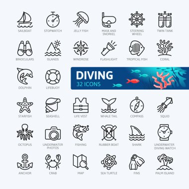 Tüplü dalış ve şnorkel öğeleri - en az satır web Icon set ince. Anahat simgeleri koleksiyonu. Basit vektör çizim.