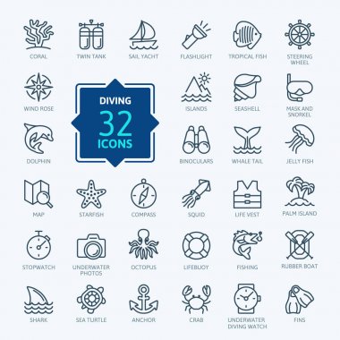 Tüplü dalış ve şnorkel öğeleri - en az satır web Icon set ince. Anahat simgeleri koleksiyonu. Basit vektör çizim.