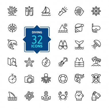 Tüplü dalış ve şnorkel öğeleri - en az satır web Icon set ince. Anahat simgeleri koleksiyonu. Basit vektör çizim.