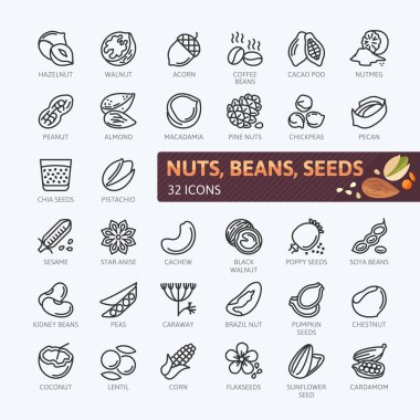 Nuts, seeds and beans elements - minimal thin line web icon set. Outline icons collection. Simple vector illustration. clipart