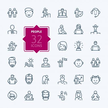 İnsanlar - en az satır web Icon set ince. Anahat simgeleri koleksiyonu. Basit vektör çizim.