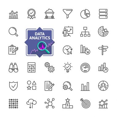 Veri analizi, istatistikler, analytics - minimal ince çizgi web simge seti. Anahat simgeleri koleksiyonu. Basit vektör çizim