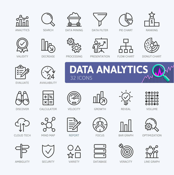 Data analysis, statistics, analytics  - minimal thin line web icon set. Outline icons collection. Simple vector illustration