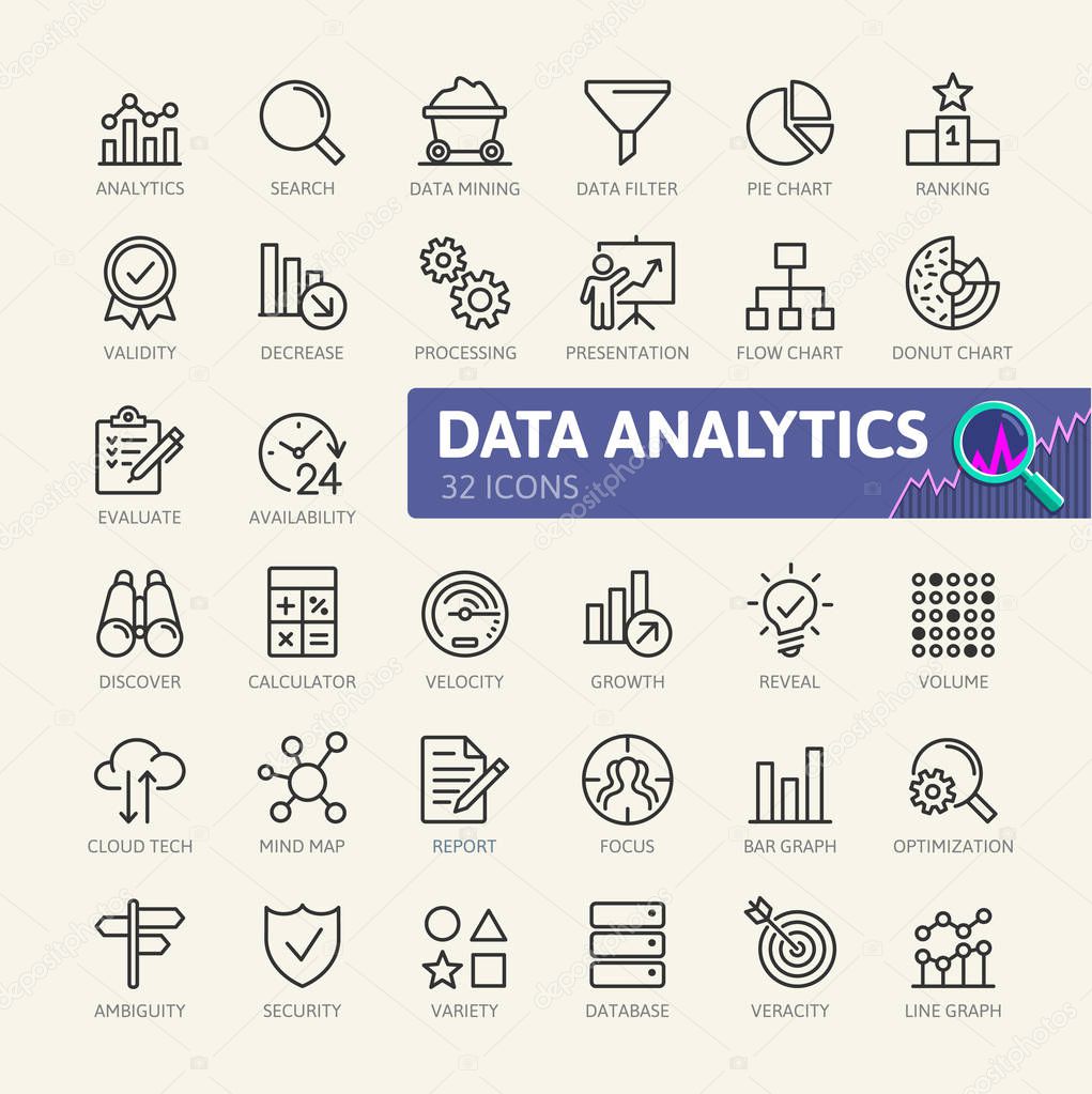 Data analysis, statistics, analytics  - minimal thin line web icon set. Outline icons collection. Simple vector illustration