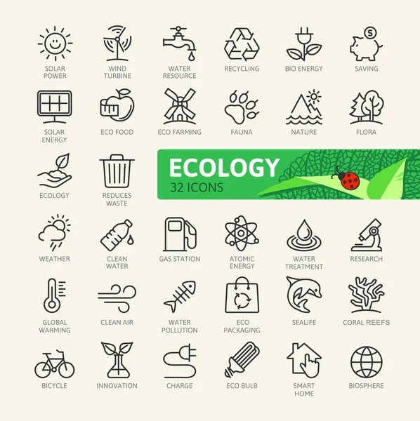 Ecologia Mínima Linha Fina Conjunto Ícones Web Desenho Coleção Ícones —  Vetores de Stock