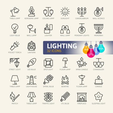 Işıklar Icon set - minimal ince çizgi web simge seti web. Anahat simgeleri koleksiyonu. Basit vektör çizim