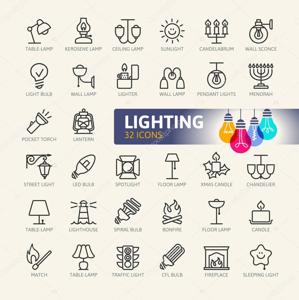 Lights web icon set - minimal thin line web icon set. Outline icons collection. Simple vector illustration