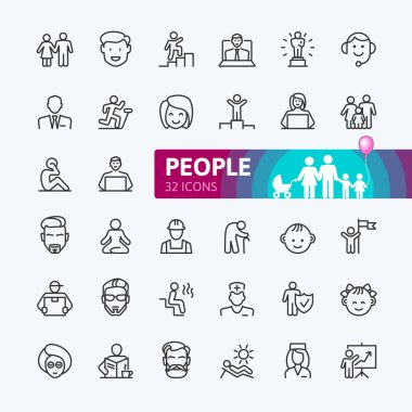İnsanlar - en az satır web Icon set ince. Anahat simgeleri koleksiyonu. Basit vektör çizim.
