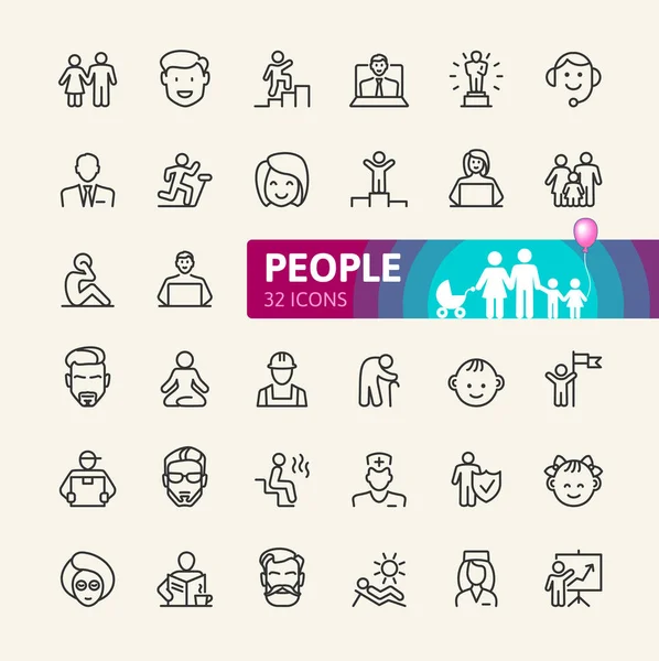 Personas Conjunto Iconos Web Línea Delgada Mínima Esquema Colección Iconos — Vector de stock