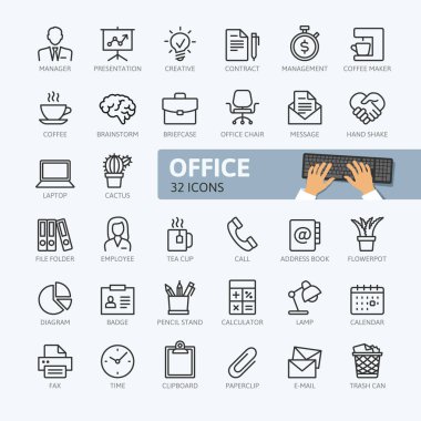 Ofis - minimal ince çizgi web simge seti. Anahat simgeleri koleksiyonu. Basit vektör çizim.