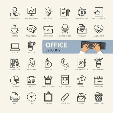 Ofis - minimal ince çizgi web simge seti. Anahat simgeleri koleksiyonu. Basit vektör çizim.