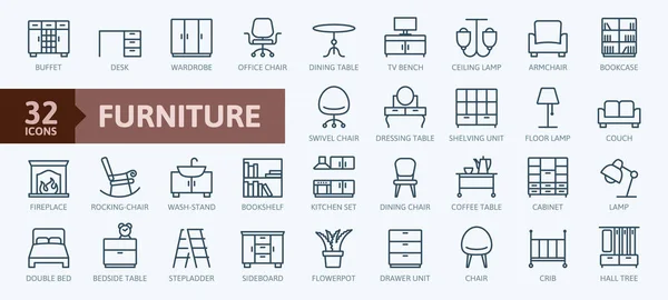 Muebles Conjunto Iconos Web Línea Delgada Mínima Esquema Colección Iconos — Vector de stock