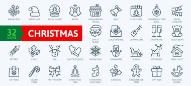 Noel unsurları - minimal ince çizgi simgesi seti. Taslak simge koleksiyonu. Basit vektör illüstrasyonu.