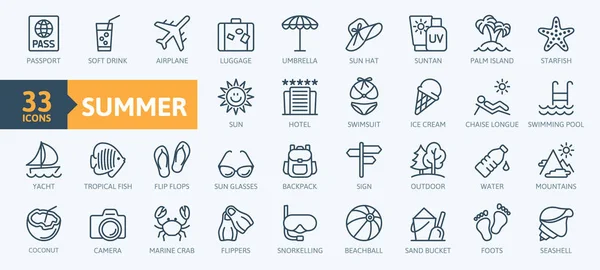 Sommer Urlaub Strandelemente Minimale Dünne Linien Websymbolset Umrisse Icons Sammlung — Stockvektor