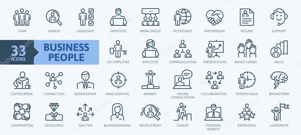 Business people, human resources, office management - thin line web icon set. Outline icons collection. Simple vector illustration.
