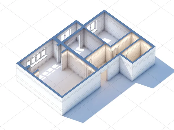 住宅室内设计规划草图草案 3d 渲染 — 图库照片