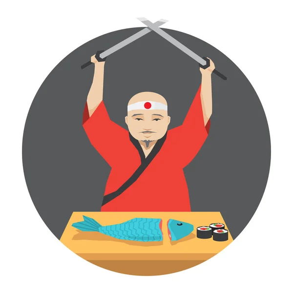 Japanese chef in kimono cooking fish sushi using two katana — Stock Vector