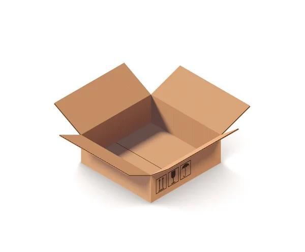 Caja de cartón abierta vacía aislada en blanco — Vector de stock