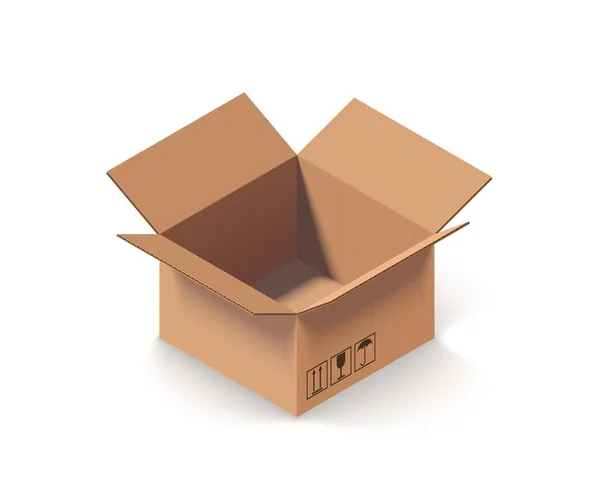Caja de cartón abierta vacía aislada en blanco — Vector de stock