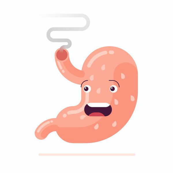 Human stomach cartoon character with heartburn