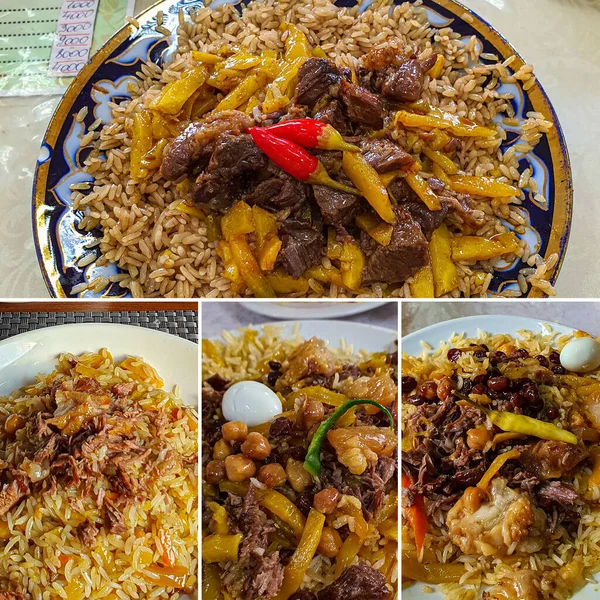 Collage de différents plans plat uzbek traditionnel - pilaf — Photo