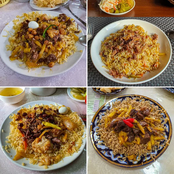 Collage de différents plans plat uzbek traditionnel - pilaf — Photo