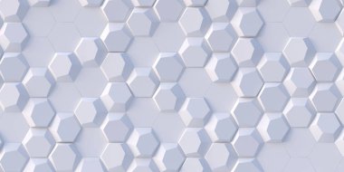 3 boyutlu illüstrasyon. Alan derinliğinin etkisiyle soyut altıgen arkaplan. Çok sayıda beyaz altıgen var. Hücresel, beyaz 3 boyutlu panel. Render.3d duvar dokusu, altıgen kümeler