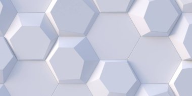 3 boyutlu illüstrasyon. Alan derinliğinin etkisiyle soyut altıgen arkaplan. Çok sayıda beyaz altıgen var. Hücresel, beyaz 3 boyutlu panel. Render.3d duvar dokusu, altıgen kümeler
