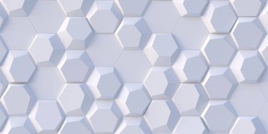 3 boyutlu illüstrasyon. Alan derinliğinin etkisiyle soyut altıgen arkaplan. Çok sayıda beyaz altıgen var. Hücresel, beyaz 3 boyutlu panel. Render.3d duvar dokusu, altıgen kümeler