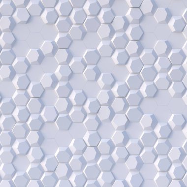 3 boyutlu illüstrasyon. Alan derinliğinin etkisiyle soyut altıgen arkaplan. Çok sayıda beyaz altıgen var. Hücresel, beyaz 3 boyutlu panel. Render.3d duvar dokusu, altıgen kümeler