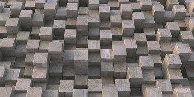 3 boyutlu illüstrasyon. Soyut arkaplan 3d görüntüleme. Beton hacimli küplerin soyut arkaplanı, aynı boyutlarda, uzayda doğrusal olarak sıralanmış. Arkaplan resmi, doku, 3d duvar kağıdı