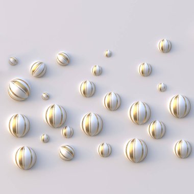 3D Illustration. Soyut arkaplan. Çeşitli boyutlarda altın şeritli beyaz toplar kabartmalı altın sarısı beyaz arka planda gölgeli bir şekilde izole edilir. Görüntü arkaplanı. Şenlik arka planı. Hazırla