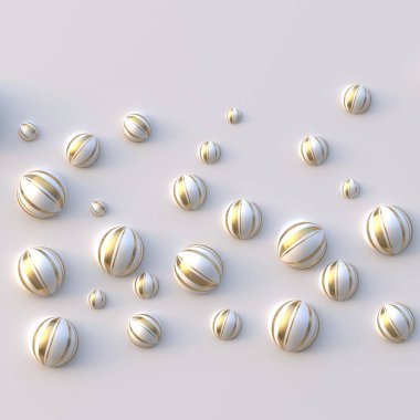 3D Illustration. Soyut arkaplan. Çeşitli boyutlarda altın şeritli beyaz toplar kabartmalı altın sarısı beyaz arka planda gölgeli bir şekilde izole edilir. Görüntü arkaplanı. Şenlik arka planı. Hazırla