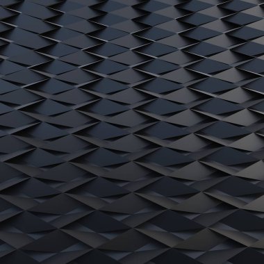 D tasviri, aynı boyutta, uzayda farklı seviyelerde yer alan siyah, katı elmaslar. 3D dikdörtgenlerin soyut arkaplanı. Karanlık eşkenar dörtgenlerin arka planı. 3d oluşturma 