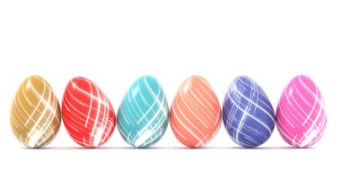 Ahşap bir arka planda gerçekçi renkli yumurtalar ve tebrik yazısıyla Paskalya arkaplanı. Tebrik kartı tasarımı. Metin şablonu, 3d, render için yeri olan Paskalya yumurtaları kümesi