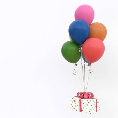 Kutlama geçmişi, davetiye, tebrik kartı. Beyaz arka planda izole edilmiş kırmızı fiyonklu ve kutulu çok renkli balonlar. Bayramın teması, doğum günü, tebrikler 3D yorumlama. 