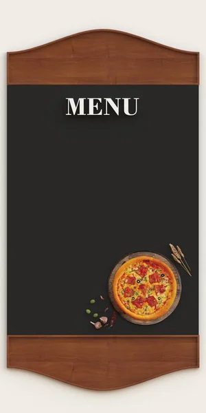 Illustrazione Lavagna Nera Menu Cornice Legno Con Modello Pizza Volumetrica — Foto Stock