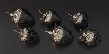 3 boyutlu illüstrasyon. Koyu bir arka planda izole edilmiş çilek şeklinde çikolata ve altın renkli lüks şekerler. Çikolatalı tatlı. Seçkin muamele. Modaya uygun, modern arka plan, duvar kağıdı, doku. Hazırla