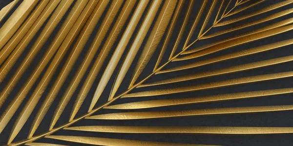 3 d illustration Golden palm leaves. Abstract black relief background with gold leaf with a voluminous yellow-gold leaf pattern, palm branches. Celebratory background, wallpaper, a postcard 3 D