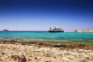 GRAMVOUSA - Balolar, CRETE Adası, GREECE - 4 Haziran 2019 Gramvousa Adası 'ndaki güzel deniz manzarası.