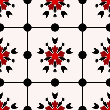 Pembe kırmızı, siyah, soyut çiçek vektörsüz desen koleksiyonu. Antika biçiminde geometrik fayanslar.