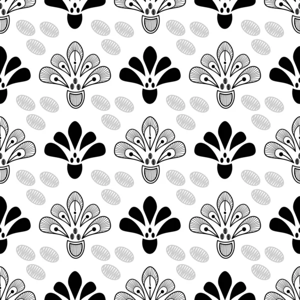 Black White Abstract Flowers Vector Seamless Pattern Doodle Style Monochromatic — 图库矢量图片